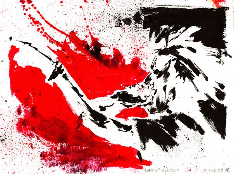 Lamb of God live concert drawing by Kim Diaz Holm Expressionist red and black watercolor drawing of Lamb of God vocalist performing live on stage by artist Kim Diaz Holm.