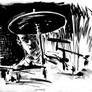 Monochrome expressionist drawing of Vreid band drummer performing behind cymbals on stage during a concert by artist Kim Diaz Holm.