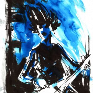 Expressionist blue and black watercolor drawing of Dread Sovereign guitarist performing live on stage by artist Kim Diaz Holm.