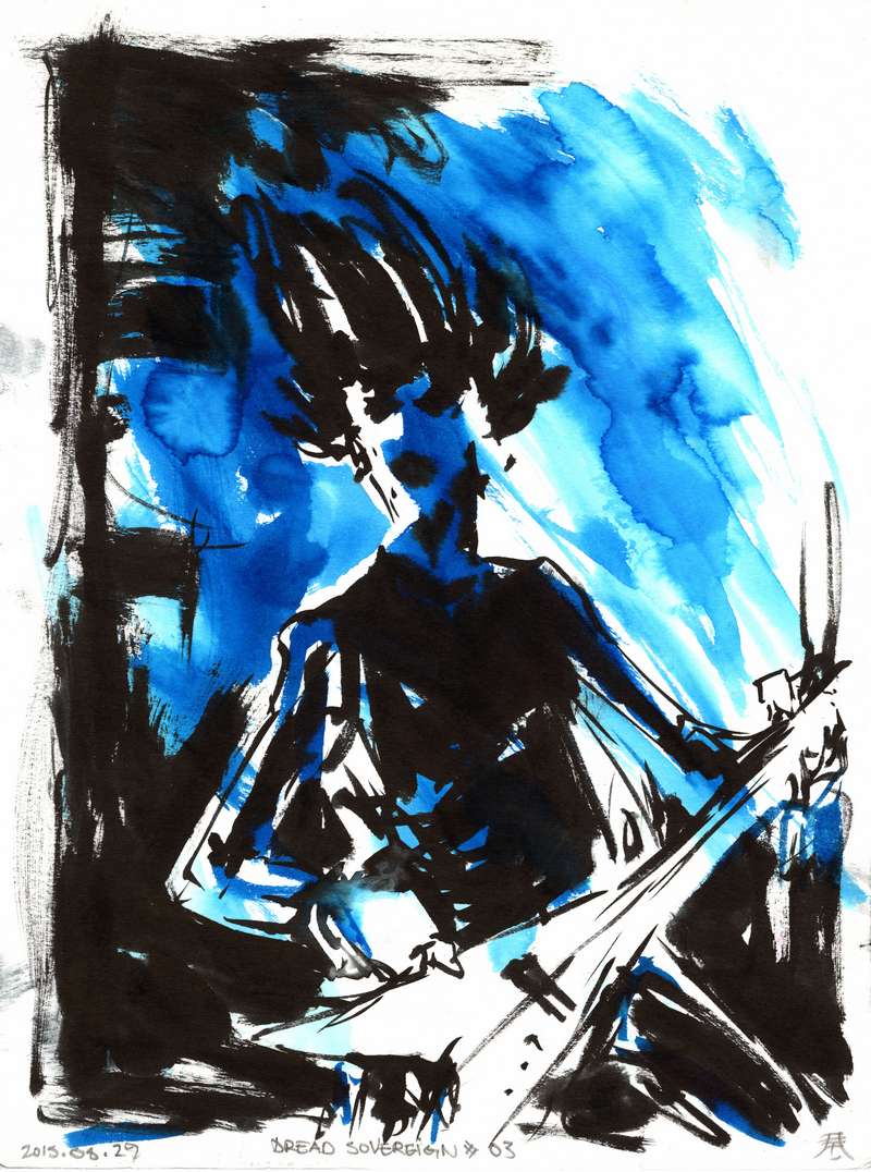 Dread Sovereign live metal concert drawing by Kim Diaz Holm Expressionist blue and black watercolor drawing of Dread Sovereign guitarist performing live on stage by artist Kim Diaz Holm.
