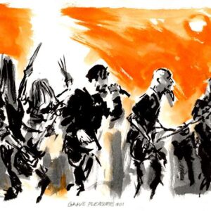 Expressionist orange and black watercolor drawing showing the full Grave Pleasures band performing live on stage by Kim Diaz Holm.