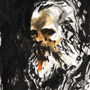Dark ink and watercolor portrait painting of a grim bearded man with long hair fading into shadows by artist Kim Diaz Holm.
