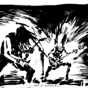 Monochrome expressionist drawing of Keep of Kalessin guitarists performing live in a flash of stage light by artist Kim Diaz Holm.