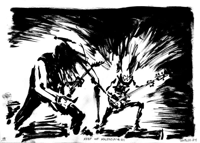Keep of Kalessin epic black metal drawing by Kim Diaz Holm Monochrome expressionist drawing of Keep of Kalessin guitarists performing live in a flash of stage light by artist Kim Diaz Holm.