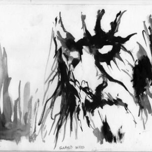 Minimalist monochrome drawing of Gaahls Wyrd vocalist Gaahl with sharp abstract brushstrokes by artist Kim Diaz Holm.