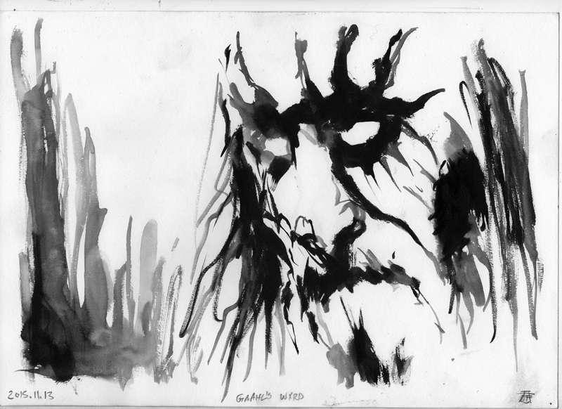 Gaahls Wyrd black metal drawing by Kim Diaz Holm Minimalist monochrome drawing of Gaahls Wyrd vocalist Gaahl with sharp abstract brushstrokes by artist Kim Diaz Holm.