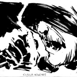 High contrast monochrome drawing of Clasp industrial band member performing a dark music ritual close up on stage by Kim Diaz Holm.