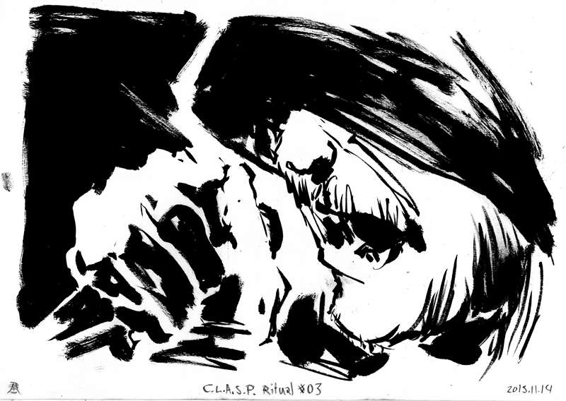 Clasp industrial metal concert drawing by Kim Diaz Holm High contrast monochrome drawing of Clasp industrial band member performing a dark music ritual close up on stage by Kim Diaz Holm.