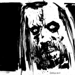 Monochrome portrait drawing of Taake frontman with white eyes and dark corpse paint looking forward by artist Kim Diaz Holm.
