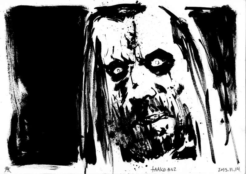 Taake black metal close up portrait by Kim Diaz Holm Monochrome portrait drawing of Taake frontman with white eyes and dark corpse paint looking forward by artist Kim Diaz Holm.