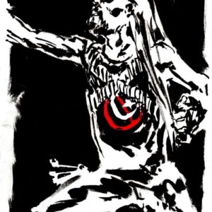 Expressionist black and red drawing of Taake frontman with corpse paint performing live on stage by Norwegian artist Kim Diaz Holm.