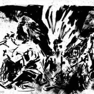 Monochrome drawing of Green Carnation band performing live on stage with a large abstract wing structure by artist Kim Diaz Holm.