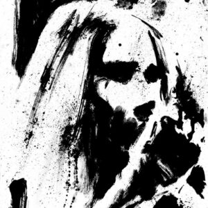Monochrome expressionist drawing of Blodhemn metal musician with long hair and dark eye paint surrounded by splatters by Kim Diaz Holm.