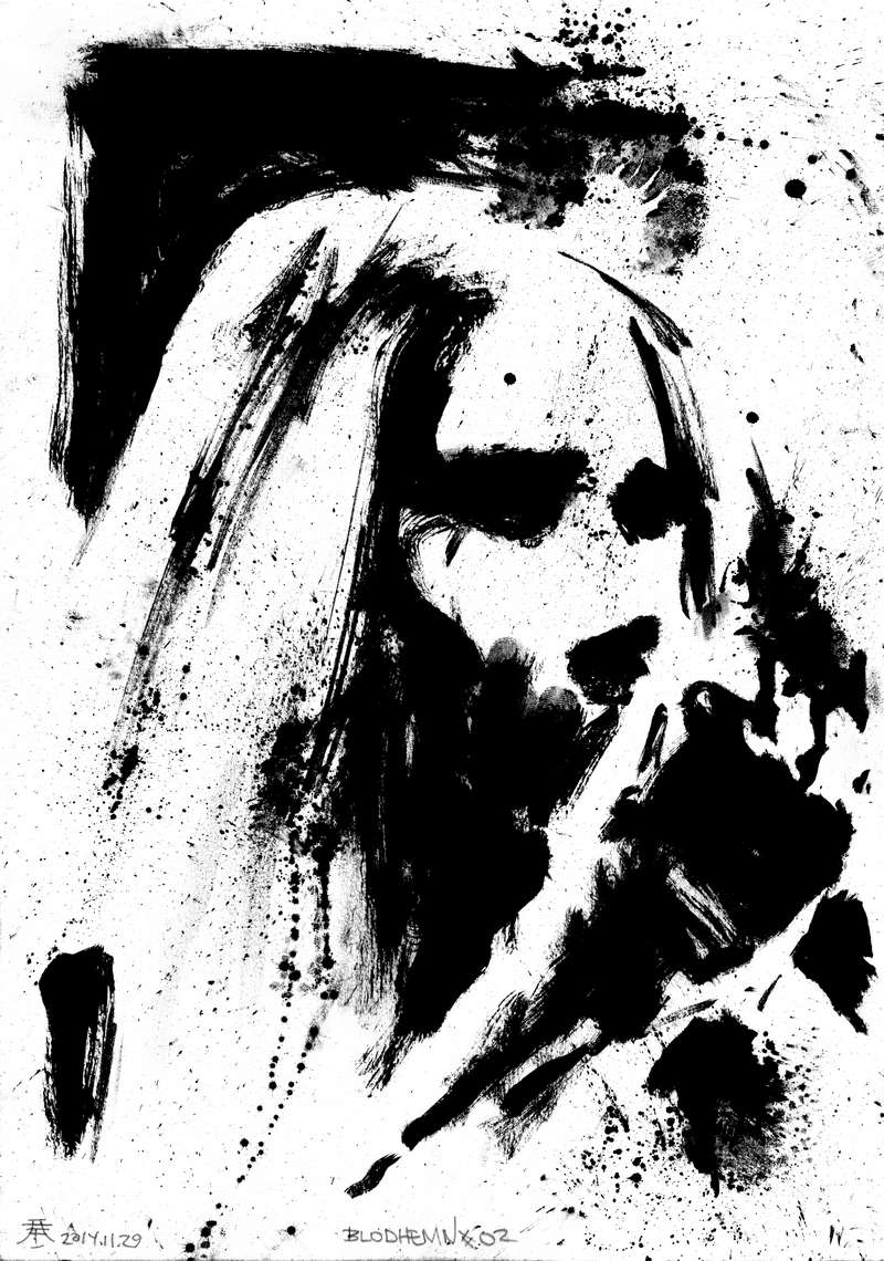 Blodhemn black metal concert drawing by Kim Diaz Holm Monochrome expressionist drawing of Blodhemn metal musician with long hair and dark eye paint surrounded by splatters by Kim Diaz Holm.