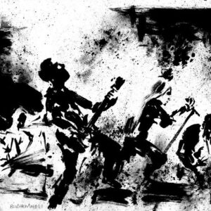 Monochrome drawing of the full Blodhemn black metal band performing with guitars live on stage by artist Kim Diaz Holm.