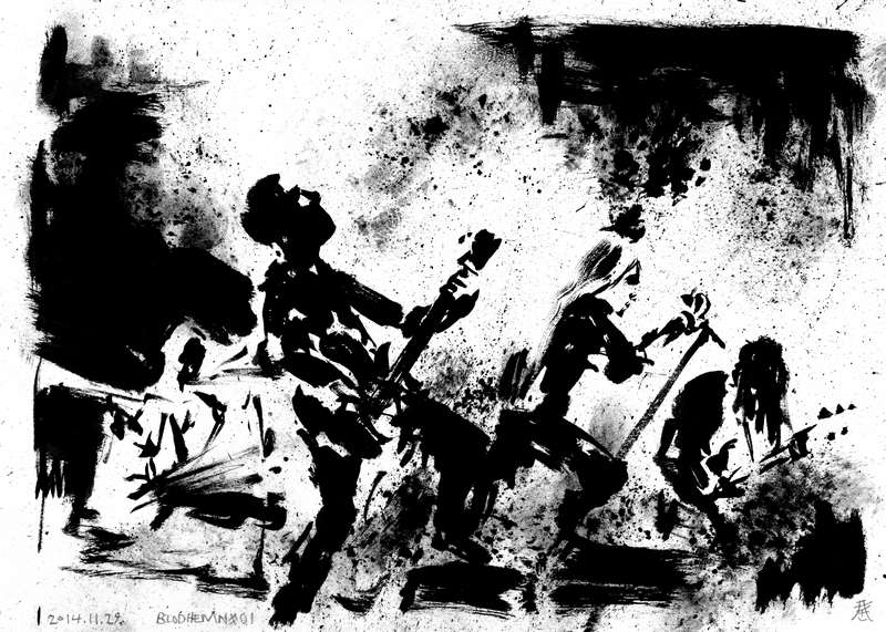 Blodhemn black metal band live drawing by Kim Diaz Holm Monochrome drawing of the full Blodhemn black metal band performing with guitars live on stage by artist Kim Diaz Holm.