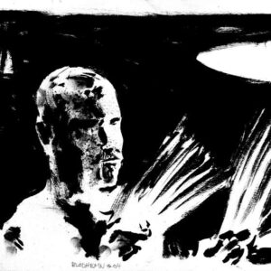 Monochrome drawing of Blodhemn band drummer performing live with dramatic stage lighting from below by artist Kim Diaz Holm.