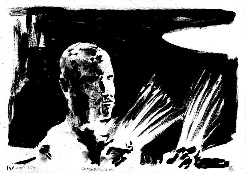 Blodhemn metal drummer live portrait by Kim Diaz Holm Monochrome drawing of Blodhemn band drummer performing live with dramatic stage lighting from below by artist Kim Diaz Holm.