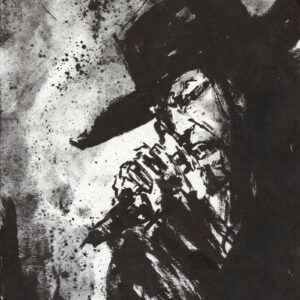 Black ink portrait painting of a metal vocalist in a hat holding a microphone with splattered background by Kim Diaz Holm.