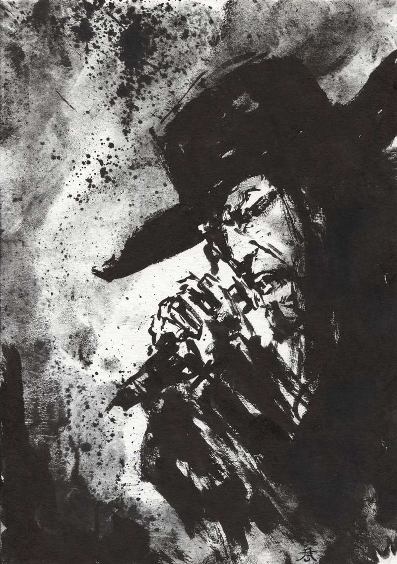 Gothic Metal Frontman Ink Artwork by Kim Diaz Holm Black ink portrait painting of a metal vocalist in a hat holding a microphone with splattered background by Kim Diaz Holm.