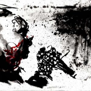 Expressionist black and red drawing of Mayhem vocalist performing a dark ritual with a custom microphone by artist Kim Diaz Holm.
