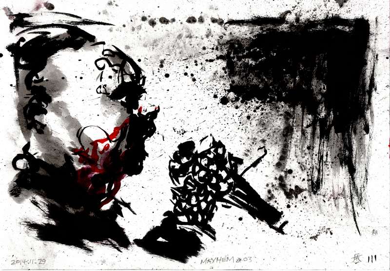 Mayhem black metal concert drawing by Kim Diaz Holm Expressionist black and red drawing of Mayhem vocalist performing a dark ritual with a custom microphone by artist Kim Diaz Holm.