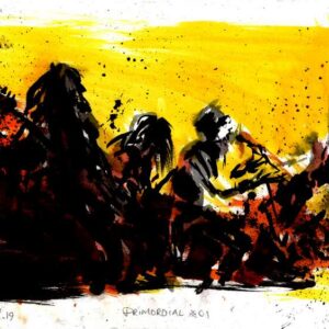 Expressionist black ink and yellow watercolor live concert painting of the pagan metal band Primordial by artist Kim Diaz Holm.