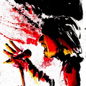 Expressionist red and black ink live painting of a screaming black metal vocalist by Norwegian artist Kim Diaz Holm.