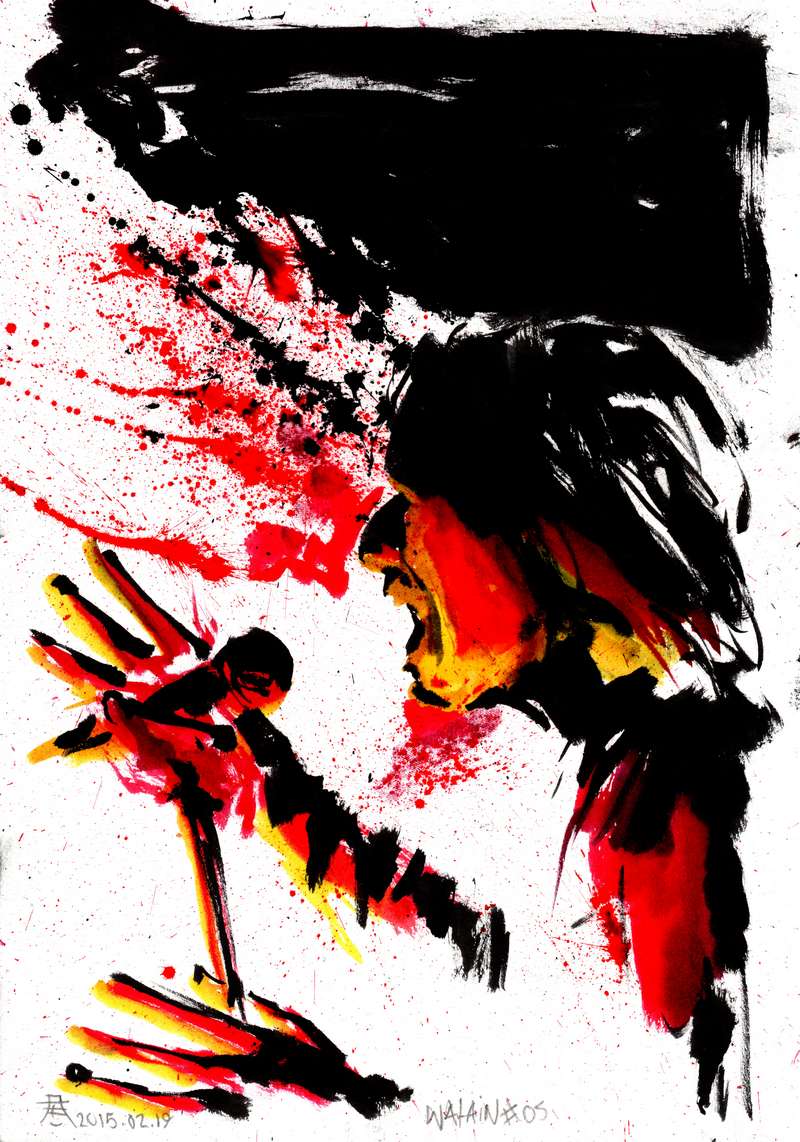 Watain live concert vocal scream painting by Kim Diaz Holm Expressionist red and black ink live painting of a screaming black metal vocalist by Norwegian artist Kim Diaz Holm.
