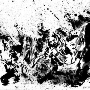 Monochrome panoramic ink painting of the Norwegian metal band Borknagar performing live on stage by artist Kim Diaz Holm.