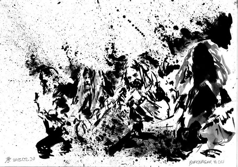 Borknagar live progressive metal band painting by Kim Diaz Holm Monochrome panoramic ink painting of the Norwegian metal band Borknagar performing live on stage by artist Kim Diaz Holm.
