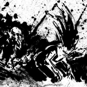 Horizontal monochrome ink painting of extreme drumming kinetic energy during a live Cryptopsy concert by artist Kim Diaz Holm.