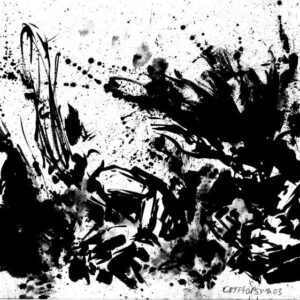 Monochrome horizontal expressionist ink painting of technical death metal band Cryptopsy live on stage by artist Kim Diaz Holm.