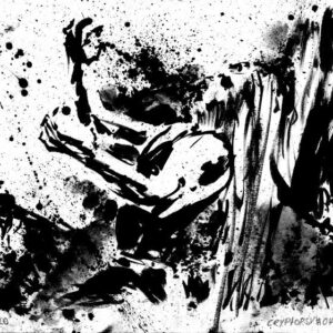 Monochrome live concert ink painting of technical death metal band Cryptopsy with vertical brush textures by artist Kim Diaz Holm.
