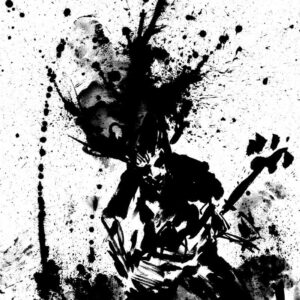 Monochrome vertical ink painting of Canadian death metal band Cryptopsy performing live on stage by artist Kim Diaz Holm.