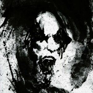 High-contrast black ink portrait of an extreme metal vocalist wearing corpsepaint and screaming wildly by artist Kim Diaz Holm.