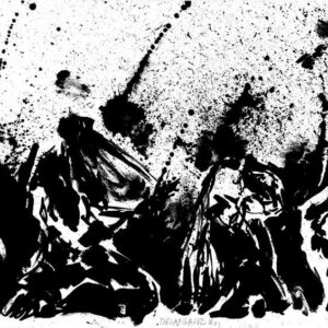 Monochrome abstract ink painting of Polish death metal band Decapitated performing live with heavy splatters by artist Kim Diaz Holm.