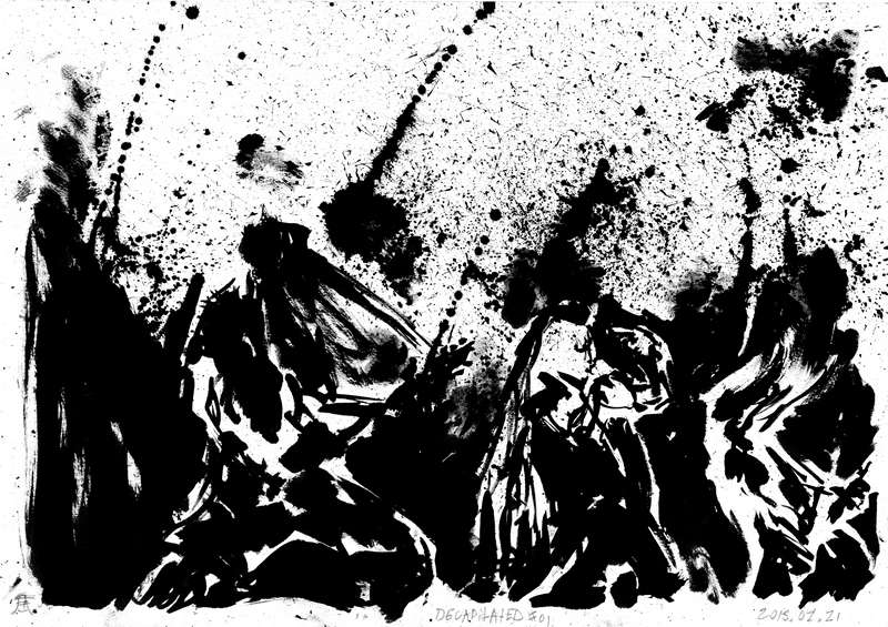 Decapitated live technical death metal concert painting by Kim Diaz Holm Monochrome abstract ink painting of Polish death metal band Decapitated performing live with heavy splatters by artist Kim Diaz Holm.