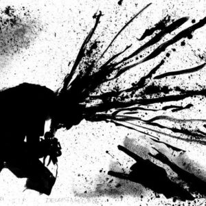 Monochrome live concert ink painting of death metal band Decapitated showing a silhouette with explosive hair lines by Kim Diaz Holm.