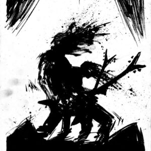 Monochrome ink live concert painting of a thrash metal guitarist doing headbanging by Norwegian artist Kim Diaz Holm.