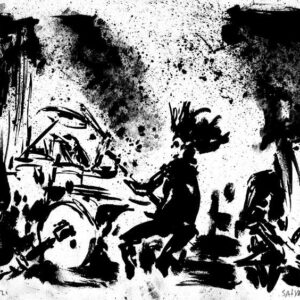 Monochrome live concert ink painting of Norwegian metal band Satyricon featuring the drums and vocalist onstage by artist Kim Diaz Holm.