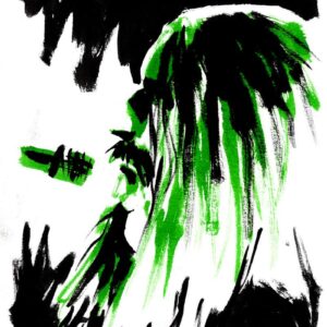 Expressionist green and black ink live concert painting of stoner metal band Monolord by Norwegian artist Kim Diaz Holm.