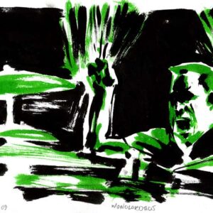 Expressionist green and black ink live concert painting featuring a screaming musician from doom metal band Monolord by Kim Diaz Holm.