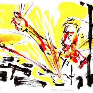 Vibrant yellow and red expressionist ink painting of a live concert rock drummer by Norwegian artist Kim Diaz Holm.