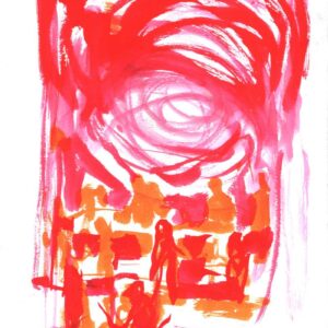 Vibrant red and orange expressionist live concert painting of Norwegian neofolk band Wardruna by artist Kim Diaz Holm.