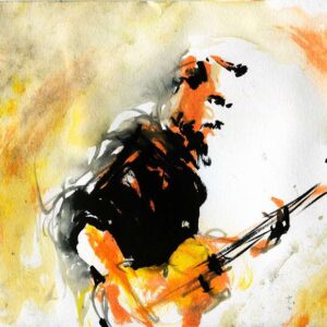 Ink and watercolor painting of a heavy metal bassist performing live with fiery orange and yellow background by Kim Diaz Holm.