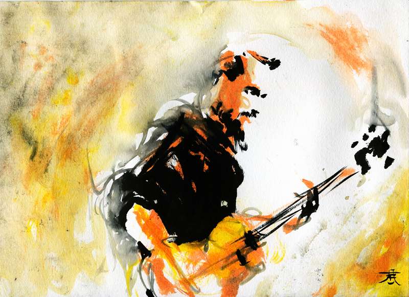 Sludge Metal Bassist Ink and Watercolor Artwork by Kim Diaz Holm Ink and watercolor painting of a heavy metal bassist performing live with fiery orange and yellow background by Kim Diaz Holm.