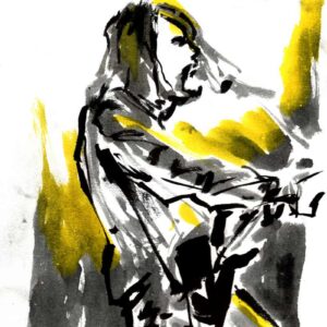 Ink and yellow watercolor live concert profile painting of a musician on stage by Norwegian artist Kim Diaz Holm.