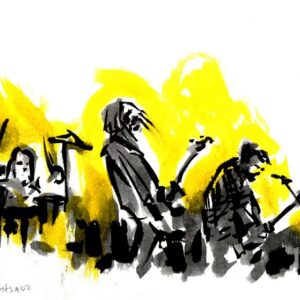 Horizontal ink and yellow watercolor live concert painting of the rock band City of Ghosts performing on stage by artist Kim Diaz Holm.