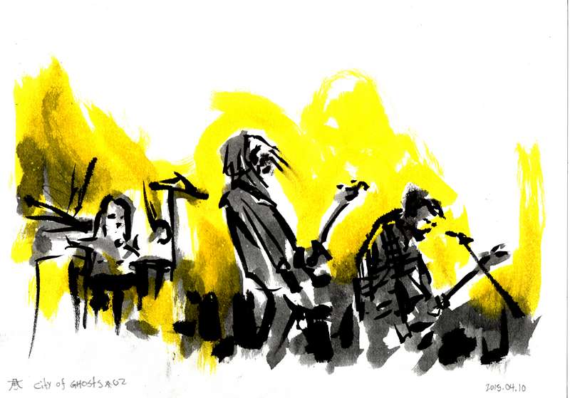 City of Ghosts live rock band concert painting by Kim Diaz Holm Horizontal ink and yellow watercolor live concert painting of the rock band City of Ghosts performing on stage by artist Kim Diaz Holm.